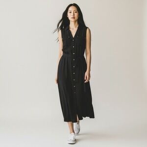 WHBM Womens Dress Sz L Black Sleeveless Collared Jersey Shirt Dress Belt Classic